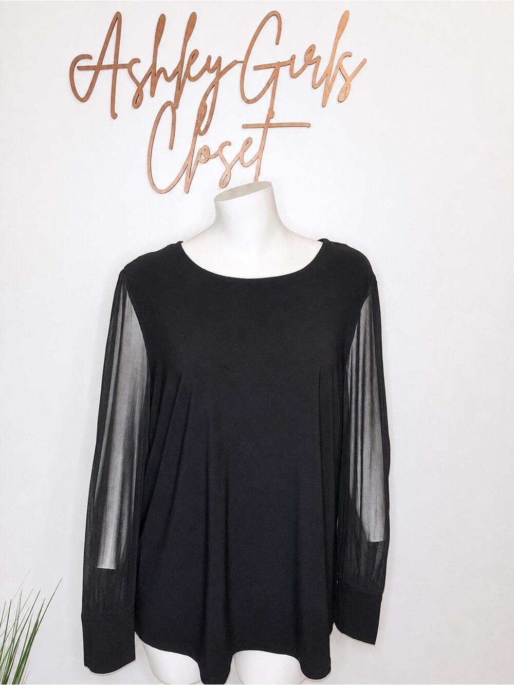 Anne Klein Black Sheer Sleeve Blouse XL NWT Elegant Career Top